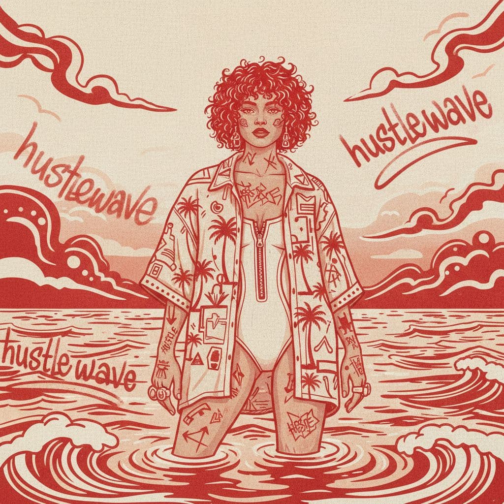 AI generated: a woman stands in the water, in the style of light beige and red, hustlewave, vacation dadcore, tagg...