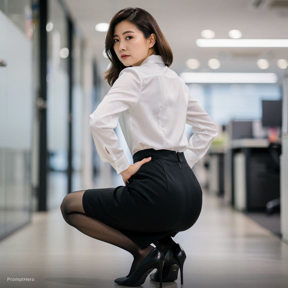 AI generated: The realistic photograph, a close-up shot, showcases a mature and capable korean office lady. Tall a...