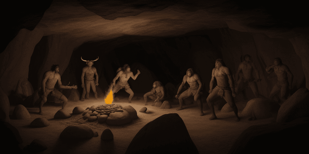 AI generated: Primitive cave art depiction, ancient human hunters, mammoth hunt ritual, tribal ceremonies, hand im...