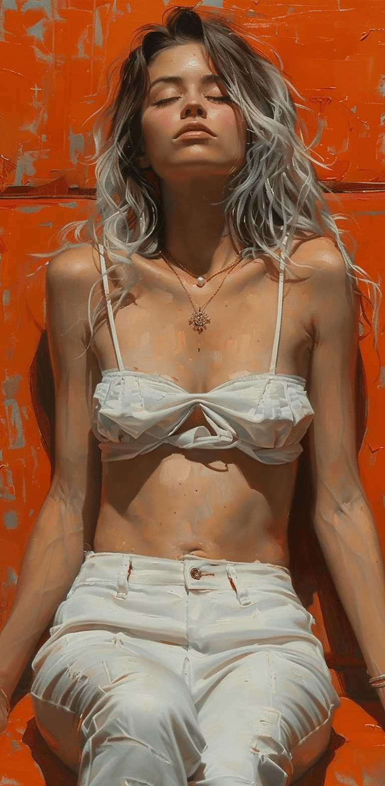 AI generated: oil painting of woman sitting on an orange chair, wearing a white top and pants, against an orange b...