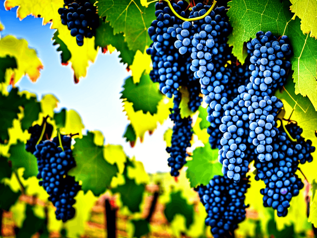 AI generated: bunches of grapes are hanging from a vine in a vineyard at sunset, grape field and skyline view, by ...