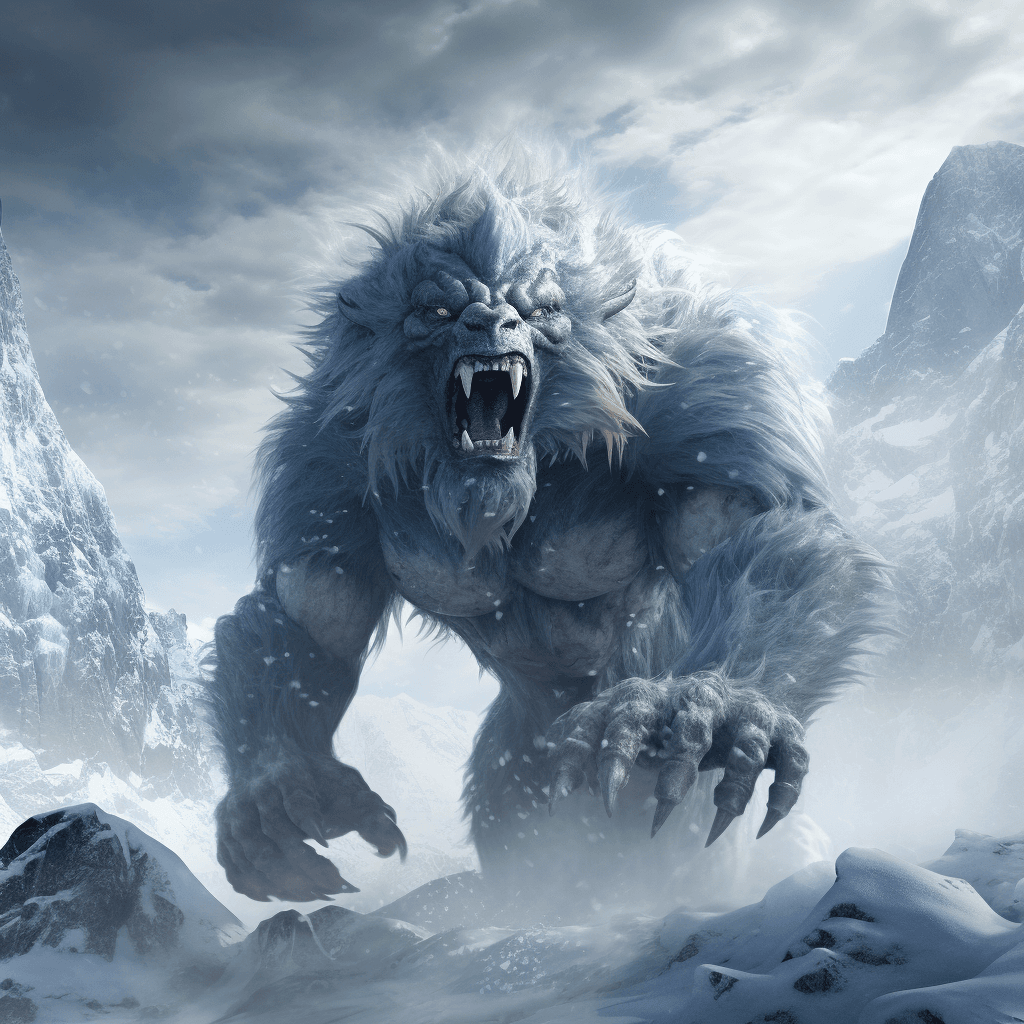 AI generated: a giant bigfoot creature near the mountains and ice and snow, in the style of primitivist frenzy, ma...