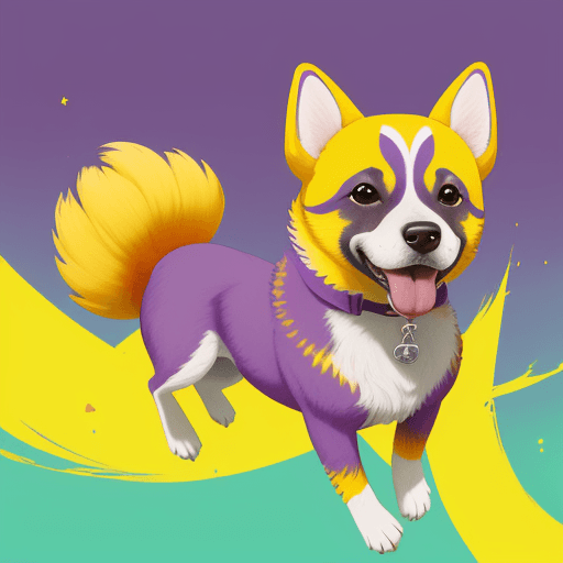 AI generated: perro elevando un volantín de color amarillo y morado, tierno, alegre, apuesto, y adinerado