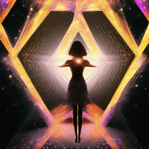 AI generated: The fourth dimension expands by floating in space at the distance of the close half body of the beau...