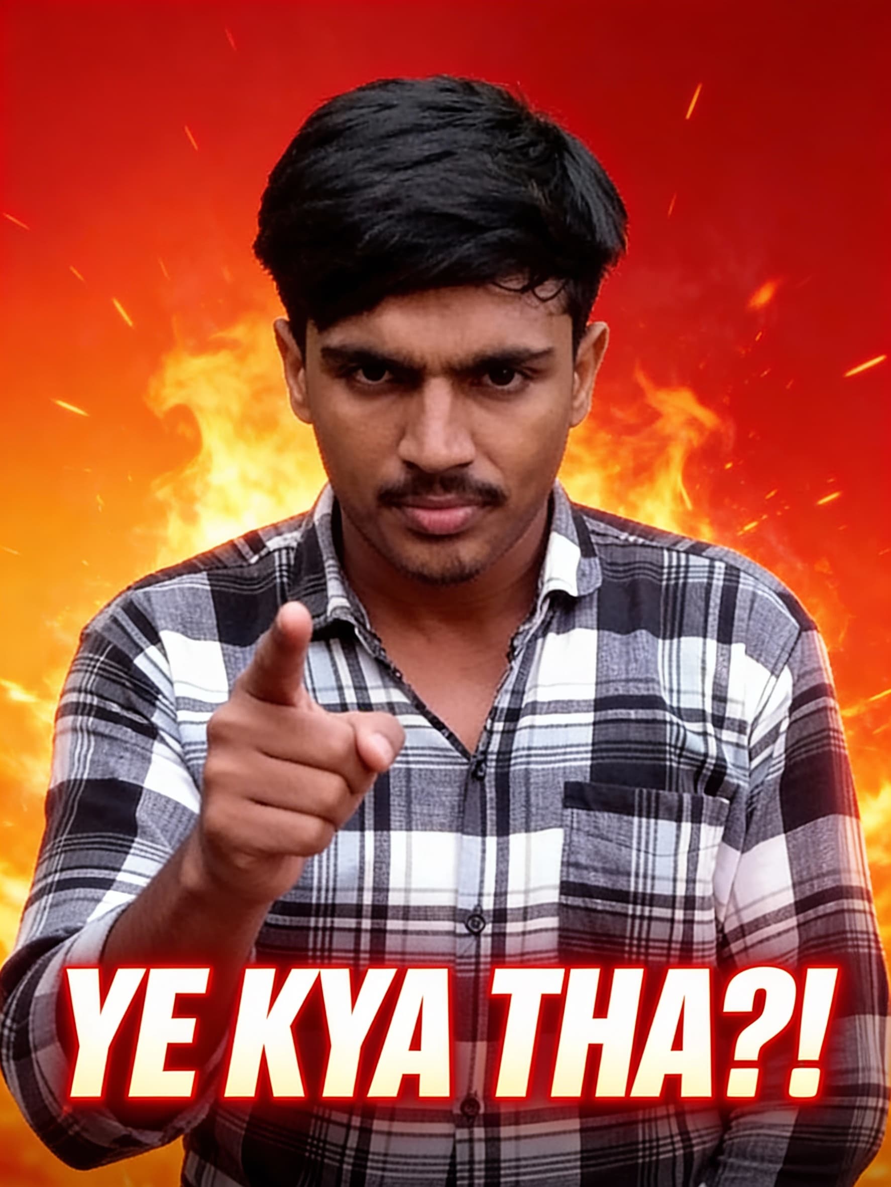 AI generated: Angry reaction face, eyebrows down, pointing finger,
red and orange background, fire effect,
bold te...