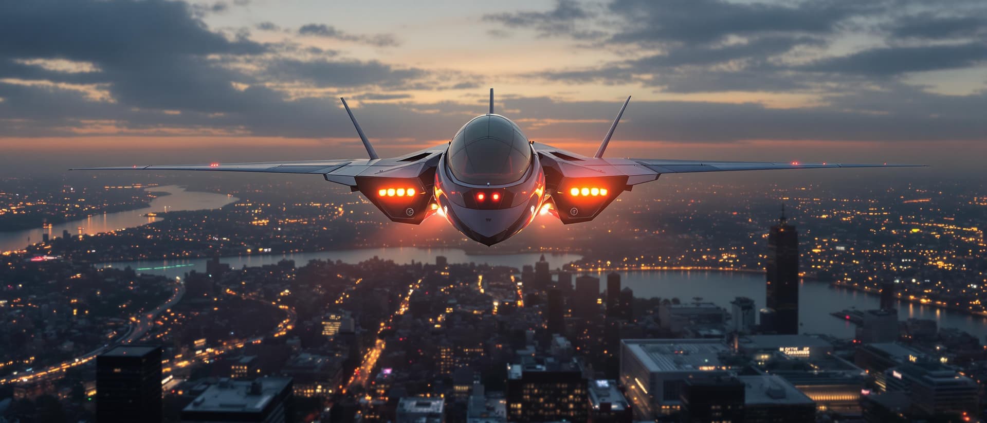 AI generated: a professional photo of a (futuristic),(masterpiece), photo of a alien fighter aircraft at dusk, wit...