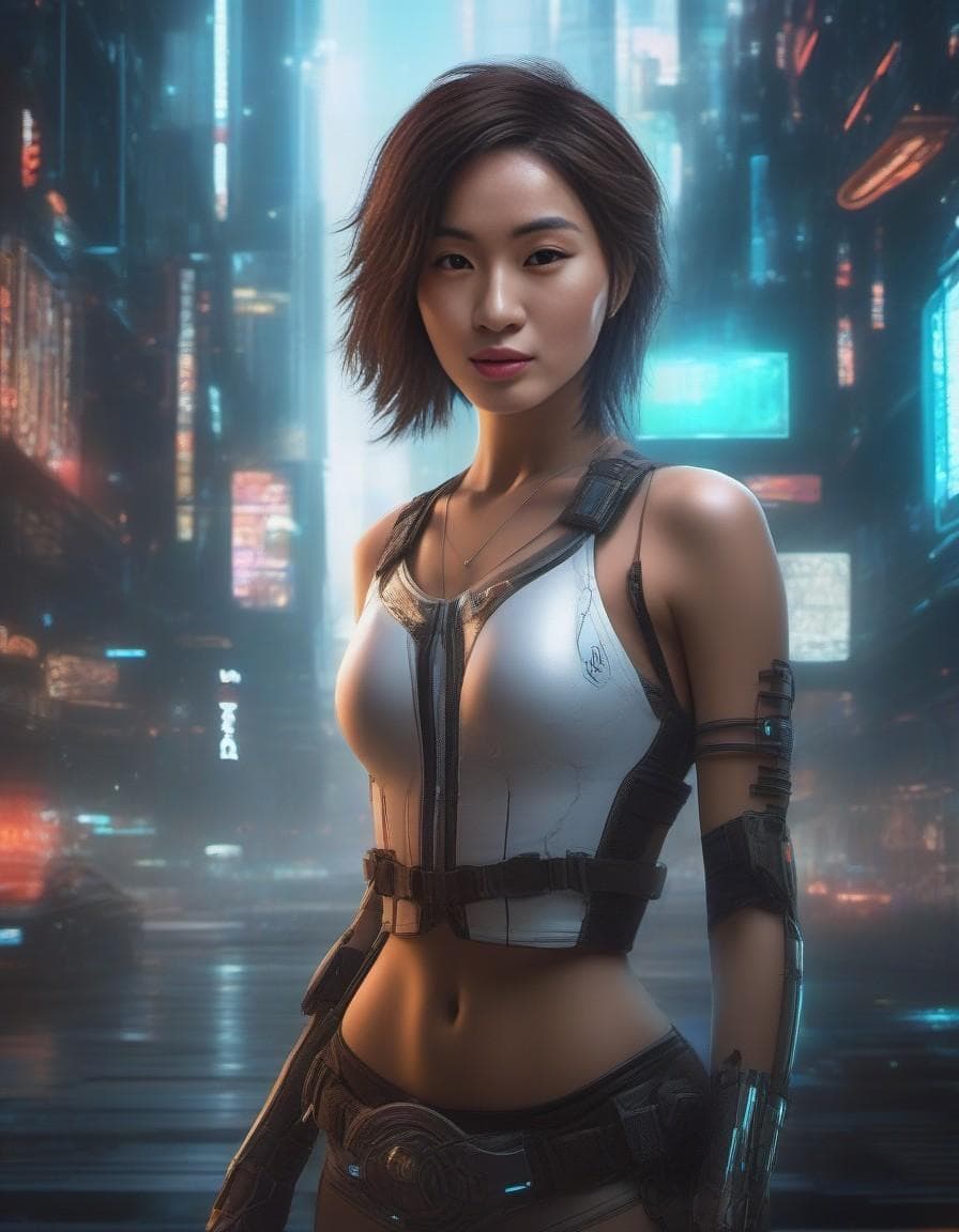 AI generated: Sexy cyberpunk lady wandering alone, Lost in thought, scenic advanced alien mega city, seeking solac...