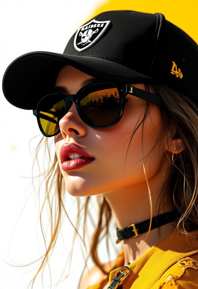 AI generated: a stunning girl wearing black caps and sunglasses, logo Raiders, in the style of otherworldly illust...