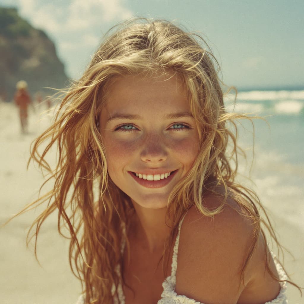 AI generated: A GIRL AT THE BEACH 18YEARS OLD  IN THE STYLE OF PHOTOGRAPHY 70S