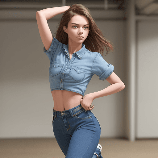 AI generated: A young woman is captured mid-stride, stepping forward with her left leg, and her right leg behind. ...