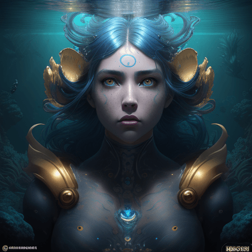 AI generated: anthropomorphic fem incredible creature from the Mariana Trench, ultramarine hair and gold eyes, ult...