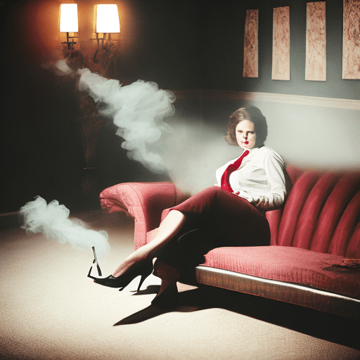 AI generated: photography, dimly lit room with a hazy atmosphere, capturing a female figure lounging on a deep cri...