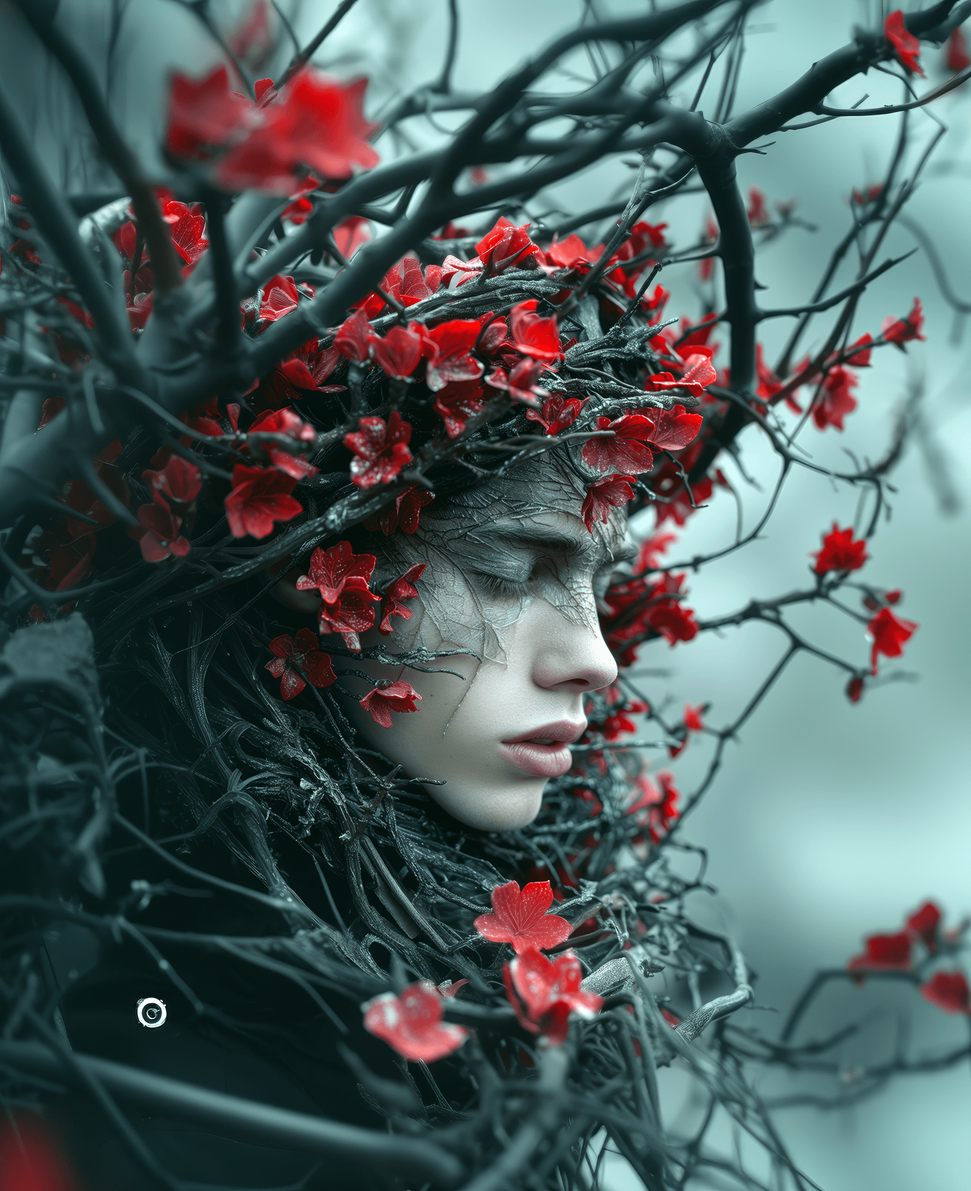 AI generated: the elven model photographed by paul crowley, in the style of intricate floral prints, dark and broo...
