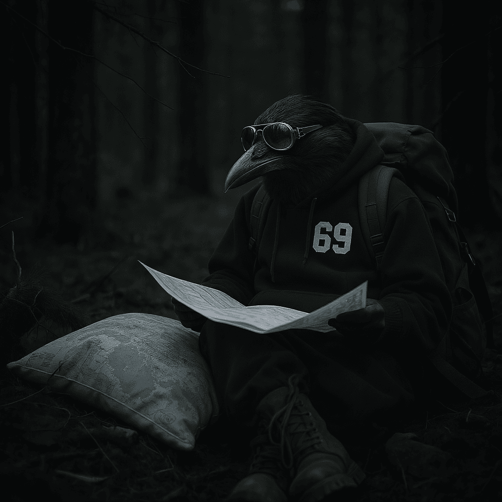 AI generated: A crow wearing vintage aviator glasses on its head and black hoodie with logo "69" and military boot...