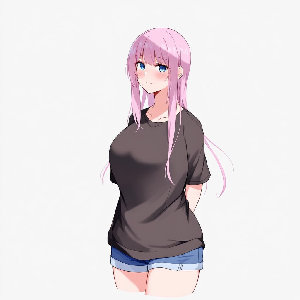 AI generated: anime, woman, pink hair, long hair, blue eyes, black t shirt, blue shorts, bare feet, bare legs, han...