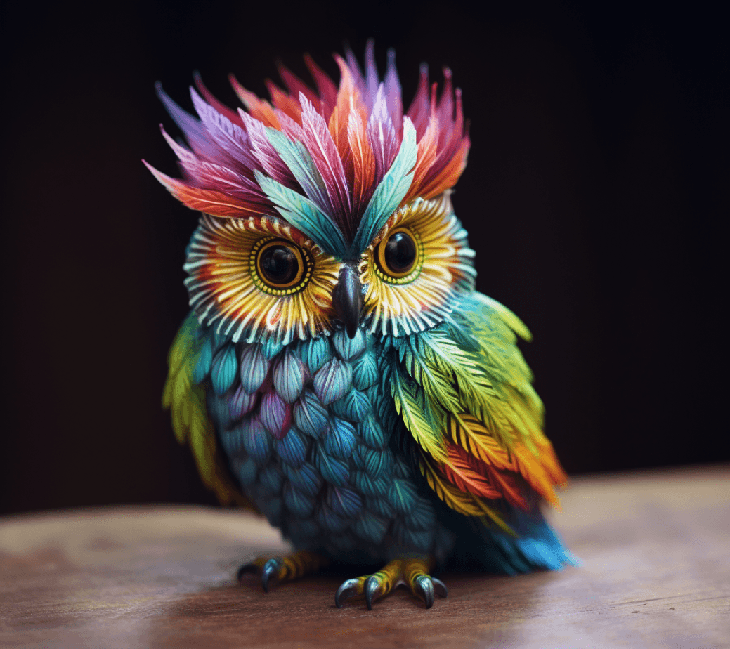 AI generated: owls and owls: amazing small bird, in the style of rainbowcore, made of feathers, avian-themed, cott...