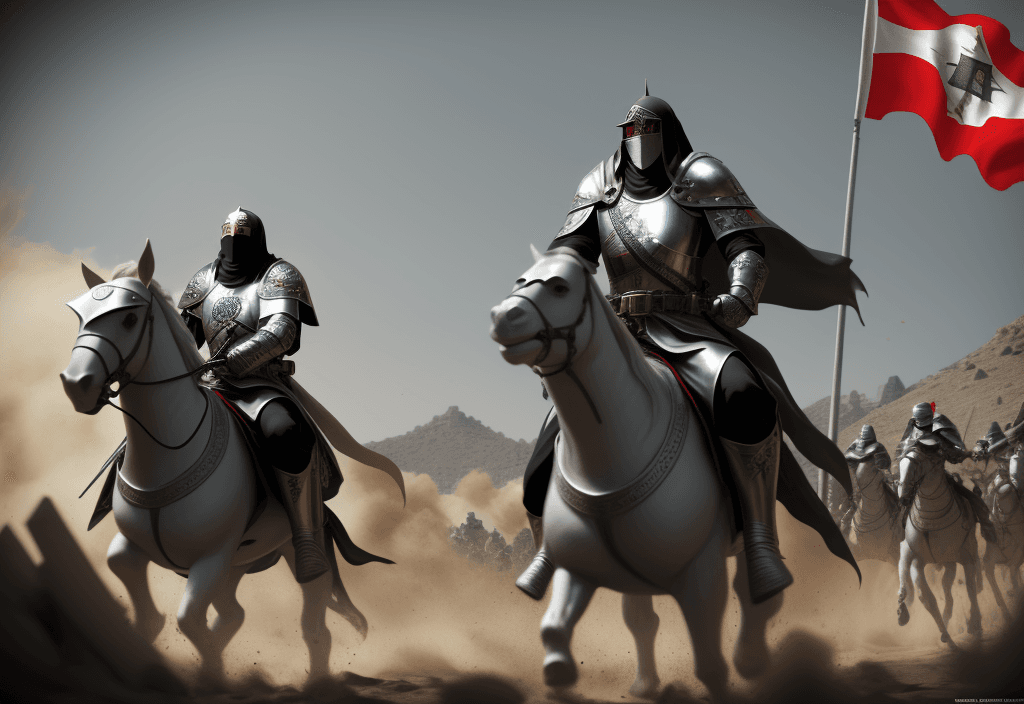 AI generated: knights templar riding hard into battle, palestine flag, 1150's, midievil, islam, illuminati, unreal...