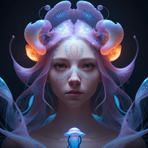 AI generated: Goddess close-up portrait ribcagel. jellyfish phoenix head, nautilus, orchid, skull, betta fish, bio...