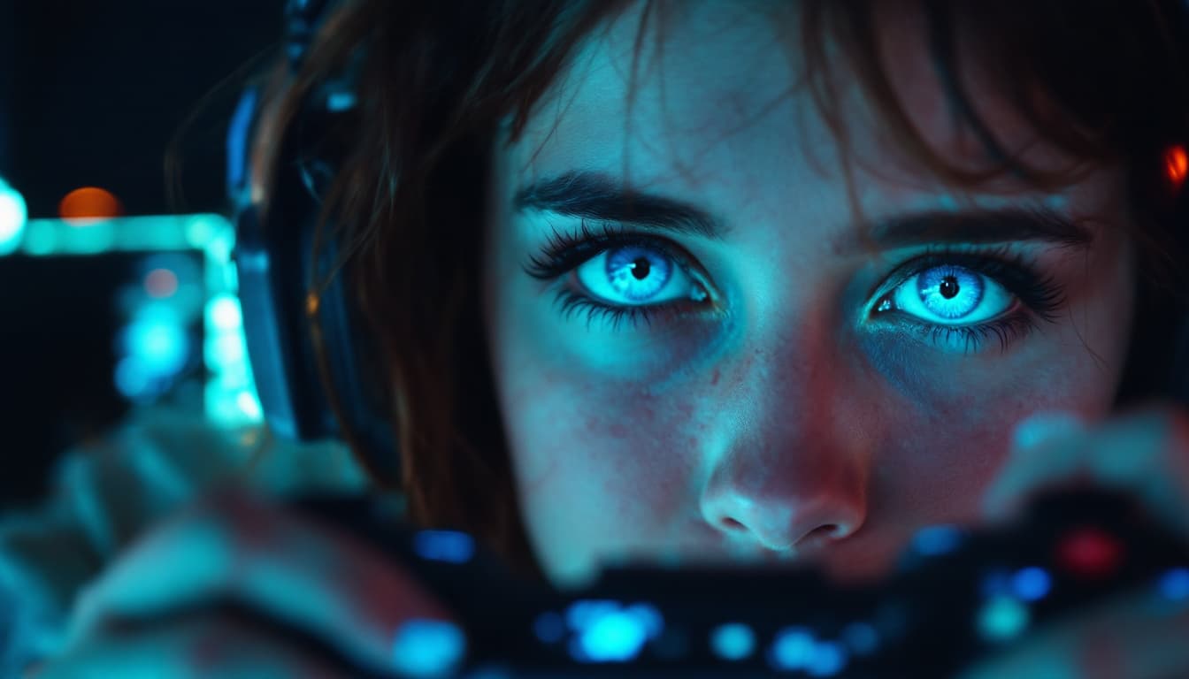 AI generated: young lady far view, blue eyes, far view, playing games on pc, minimum lights, 