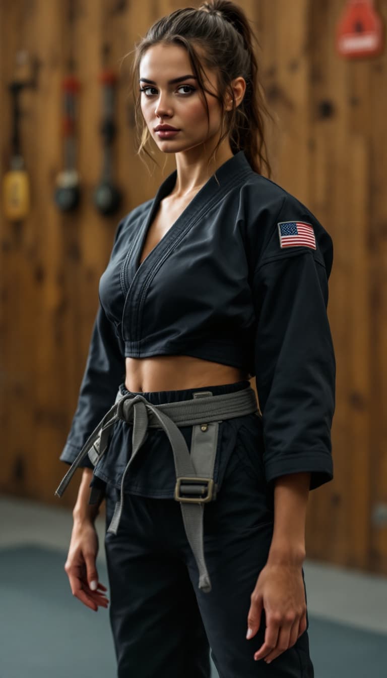 AI generated: beautiful girl, fit, ((workout in judo dojo )), (judo GI and yoga pants), big breast, workout in the...