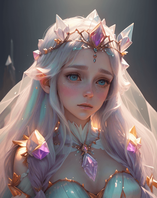 AI generated: a (chest height photo:1.2) of a beautiful princess wearing a transparent crystal crown, pastel color...