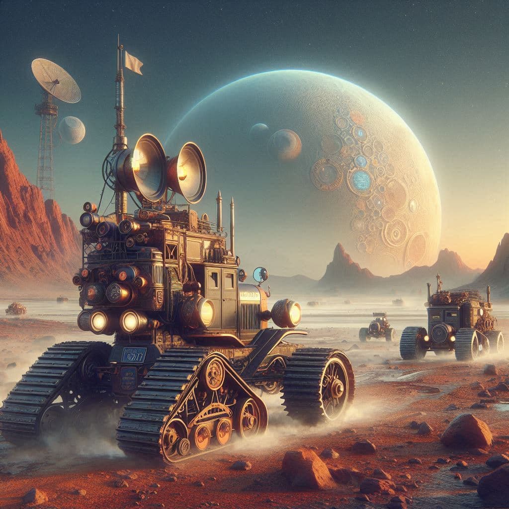 AI generated: Steampunk scifi style Expedition with Citroen P17 Kégresse track vehicles, in an unusual unearthly l...