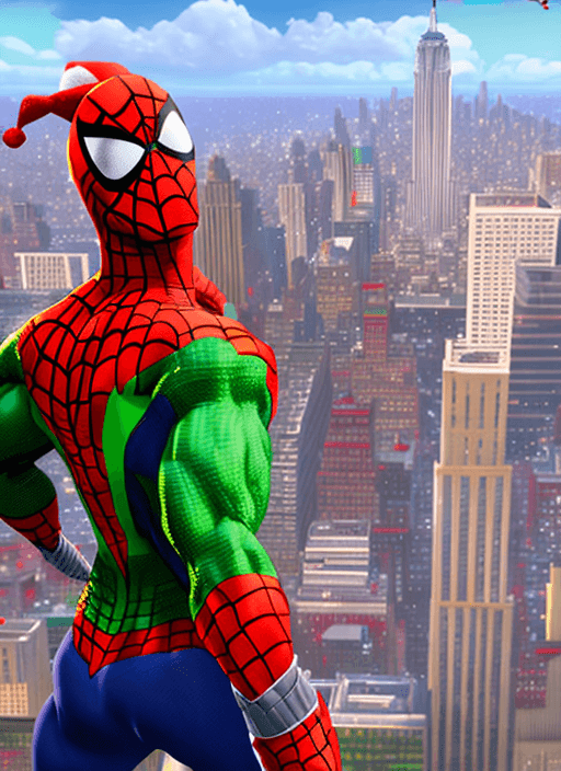 AI generated: Rendering of CHRISTMAS very muscular Spiderman wearing green and red suit, a Santa claus hat and hol...