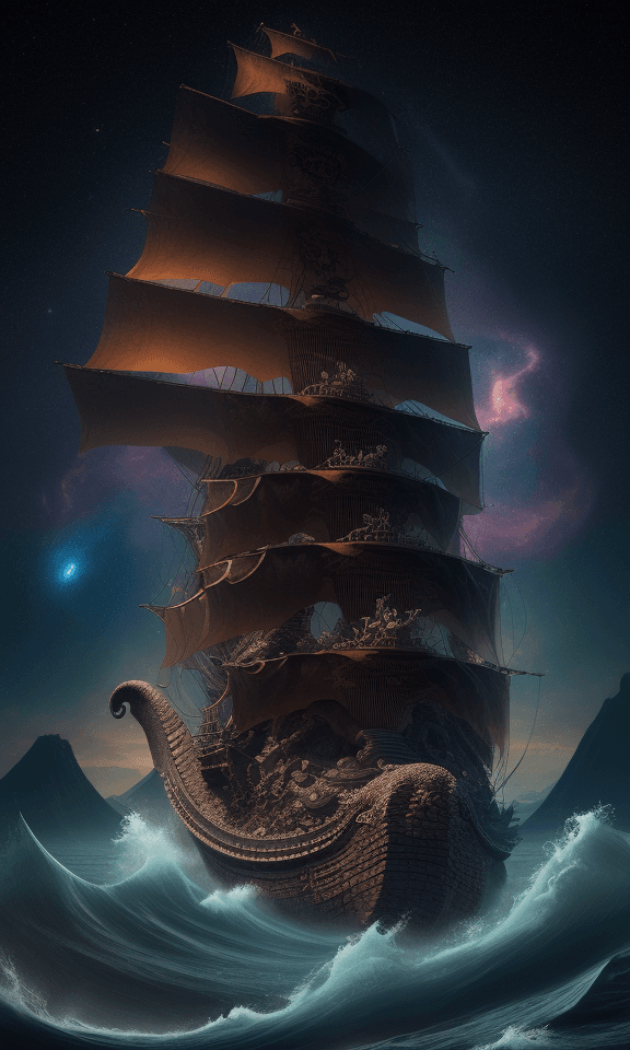 AI generated: A Japanese dragon curled in shape around a pirate ship curled like the Kraken in a lagoon with pirat...