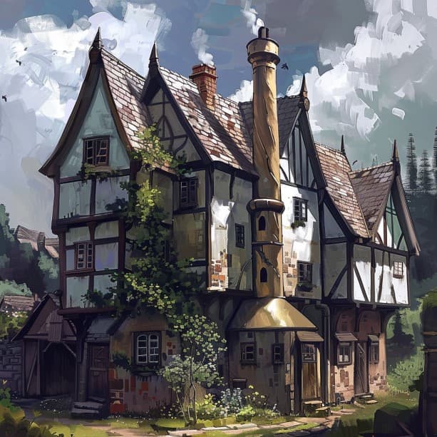AI generated: Three tudor terraced houses as one house | The chimney is brass and curves at the top like a ventila...