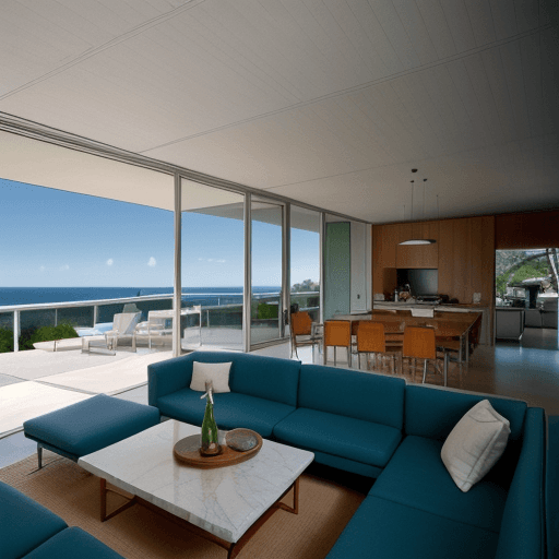 AI generated: Hyper realistic eye level exterior photo of a mid century modern style house overlooking the ocean, ...