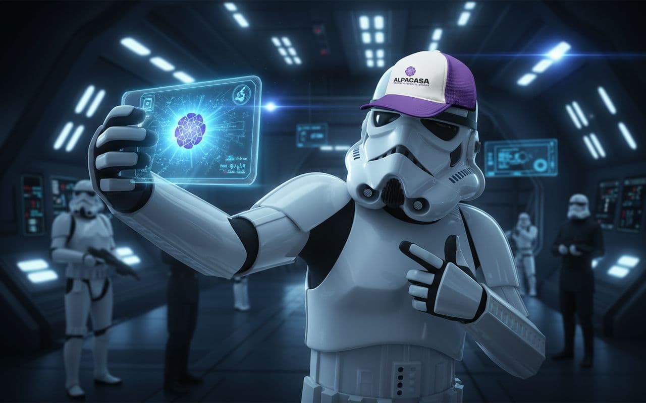 AI generated: Un Stormtrooper vistiendo la gorra adjunta, tomándose una selfie con un dispositivo holocom con el l...