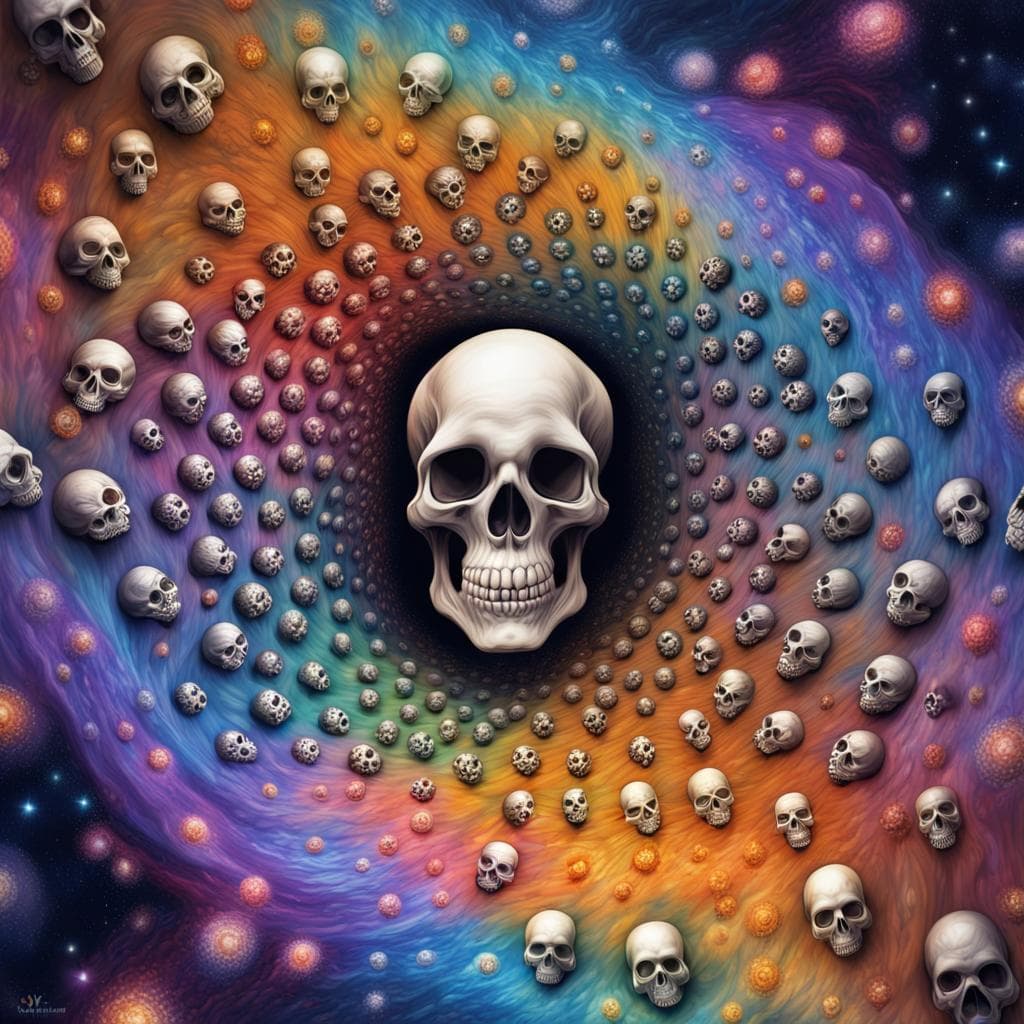AI generated: spiral multiverse, continuous spiral pattern, hundreds of skull design, space, stars, intricate, hig...