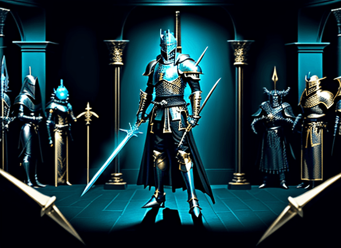 AI generated: black knight with gold sword at his side in a darck room. with monsters surrounding him. glowing cya...