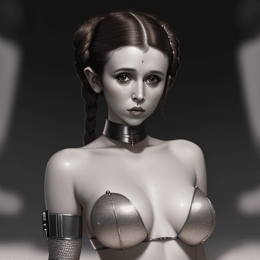 AI generated: masterpiece, a portrait picture of a princess Leia from Star Wars wearing metal bikini, centrefold p...