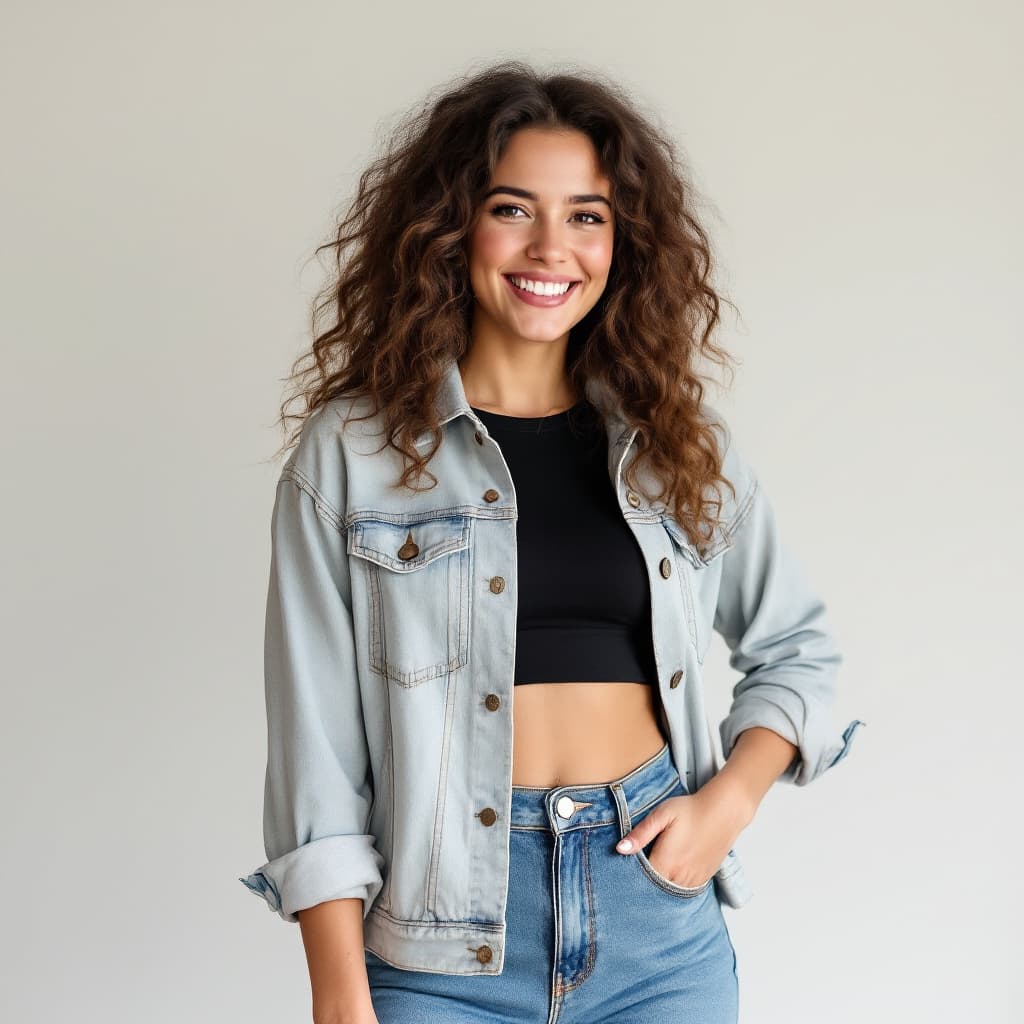 AI generated: An image of a woman with voluminous wavy hair, standing confidently and smiling at the camera. She i...