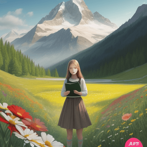 AI generated: Design a cover for a book where there will be flowers, girls, meadows, mountains 