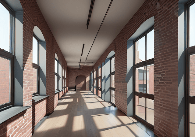 AI generated: High resolution photography of interior design, OF A CORRIDOR INSIDE A HOUSING BUILDING WITH TWO BRI...