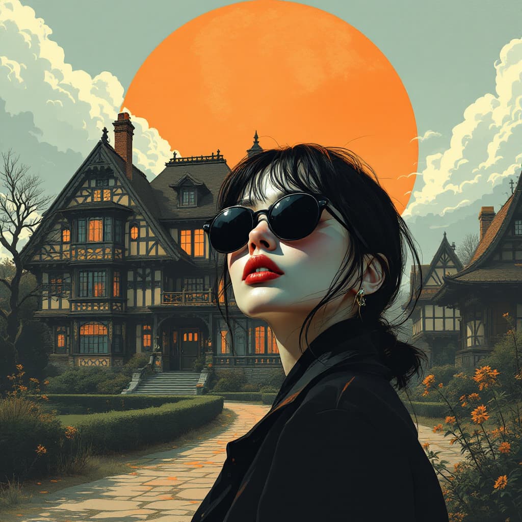 AI generated: a woman with sunglasses beside an old-fashioned manor, in the style of cyberpunk manga, ross tran, J...