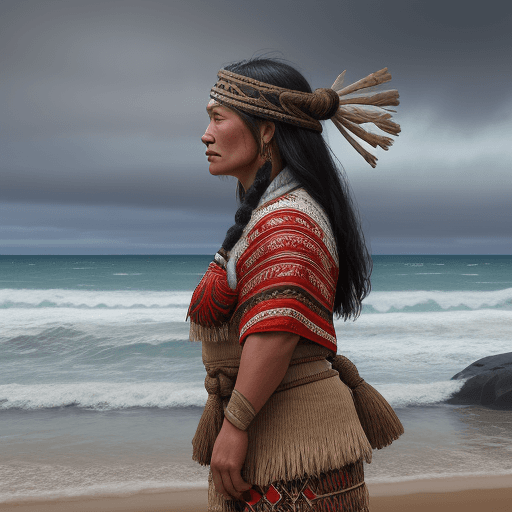 AI generated: Realistic portrait of a new zealand native woman with traditional new zealand native clothing standi...