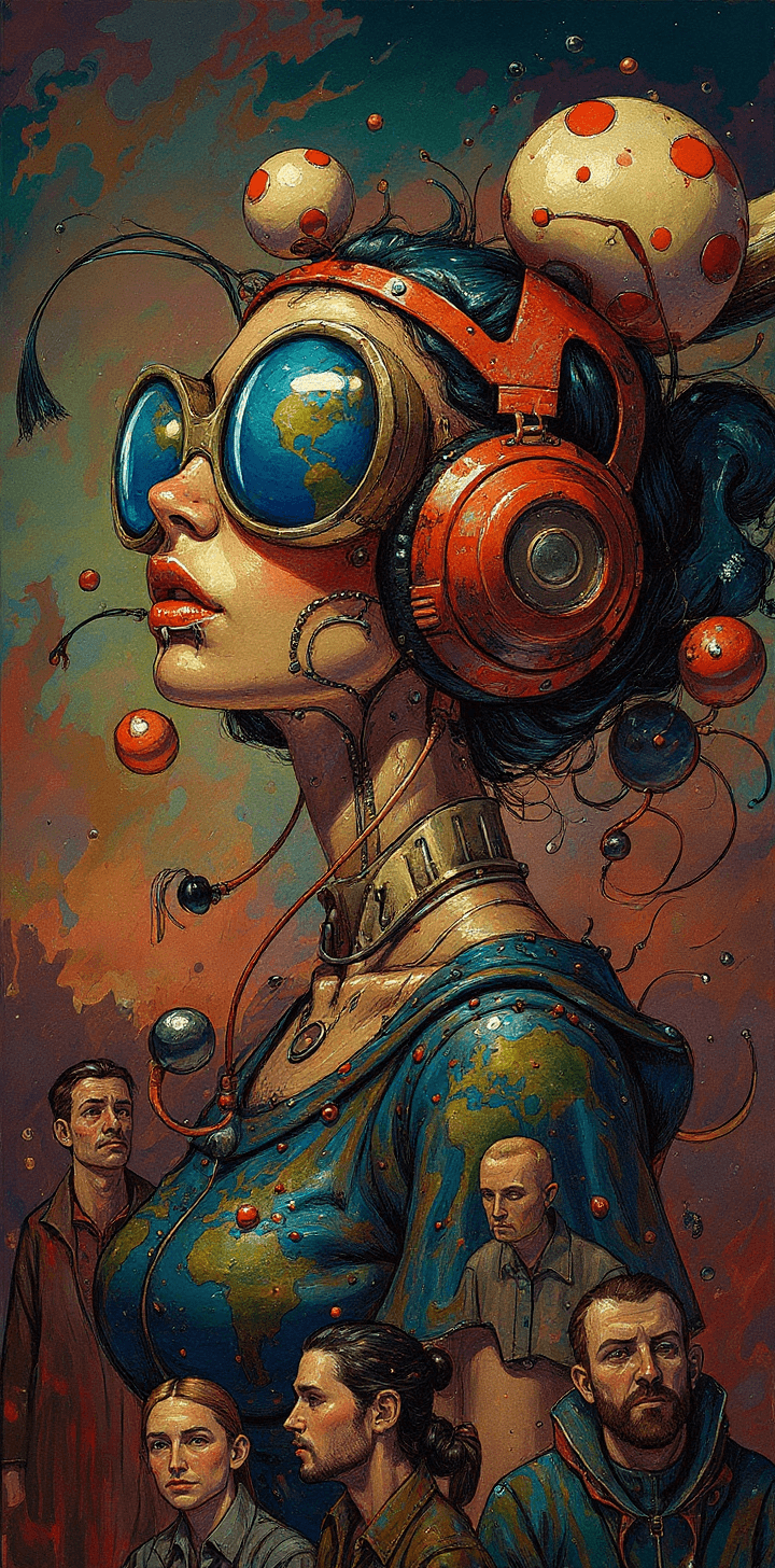 AI generated: People dreaming, world globe , with a futuristic-looking face, in the style of fantastical contrapti...