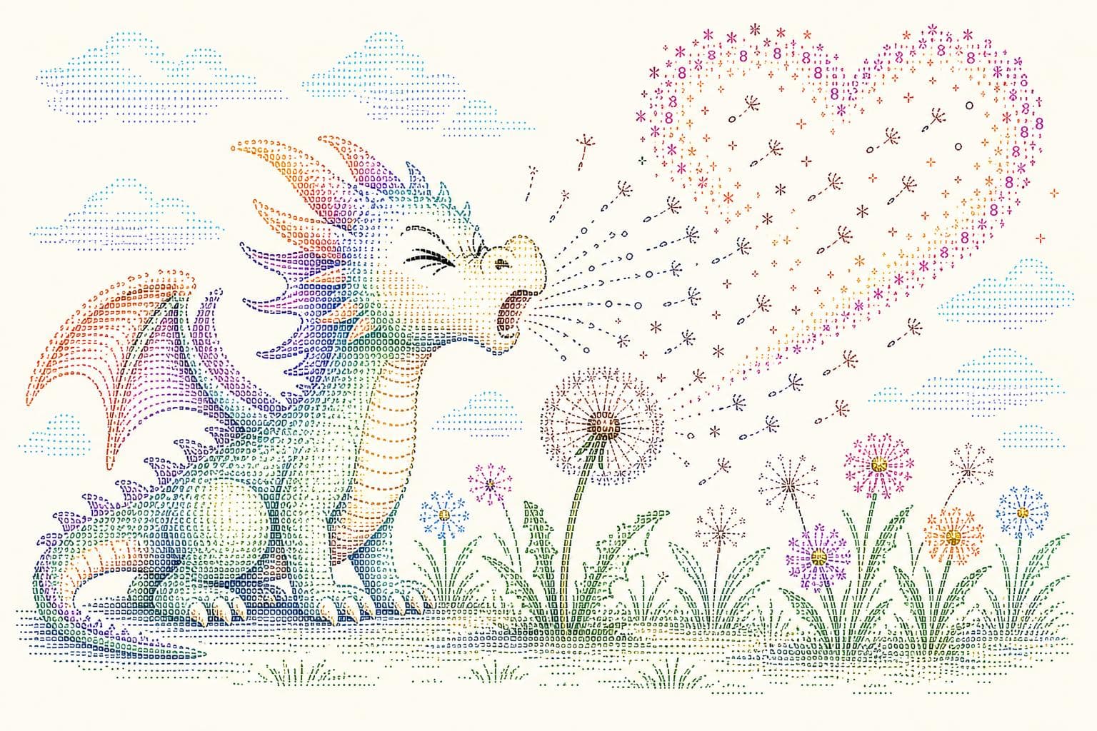 AI generated: using the images create A whimsical cartoon image of an animated dragon sniffing a dandelion, depict...