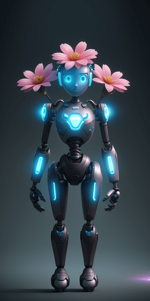 AI generated: small robot holding flowers, cute, pixar, unreal engine, tron, hyper detailed, volumetric lighting