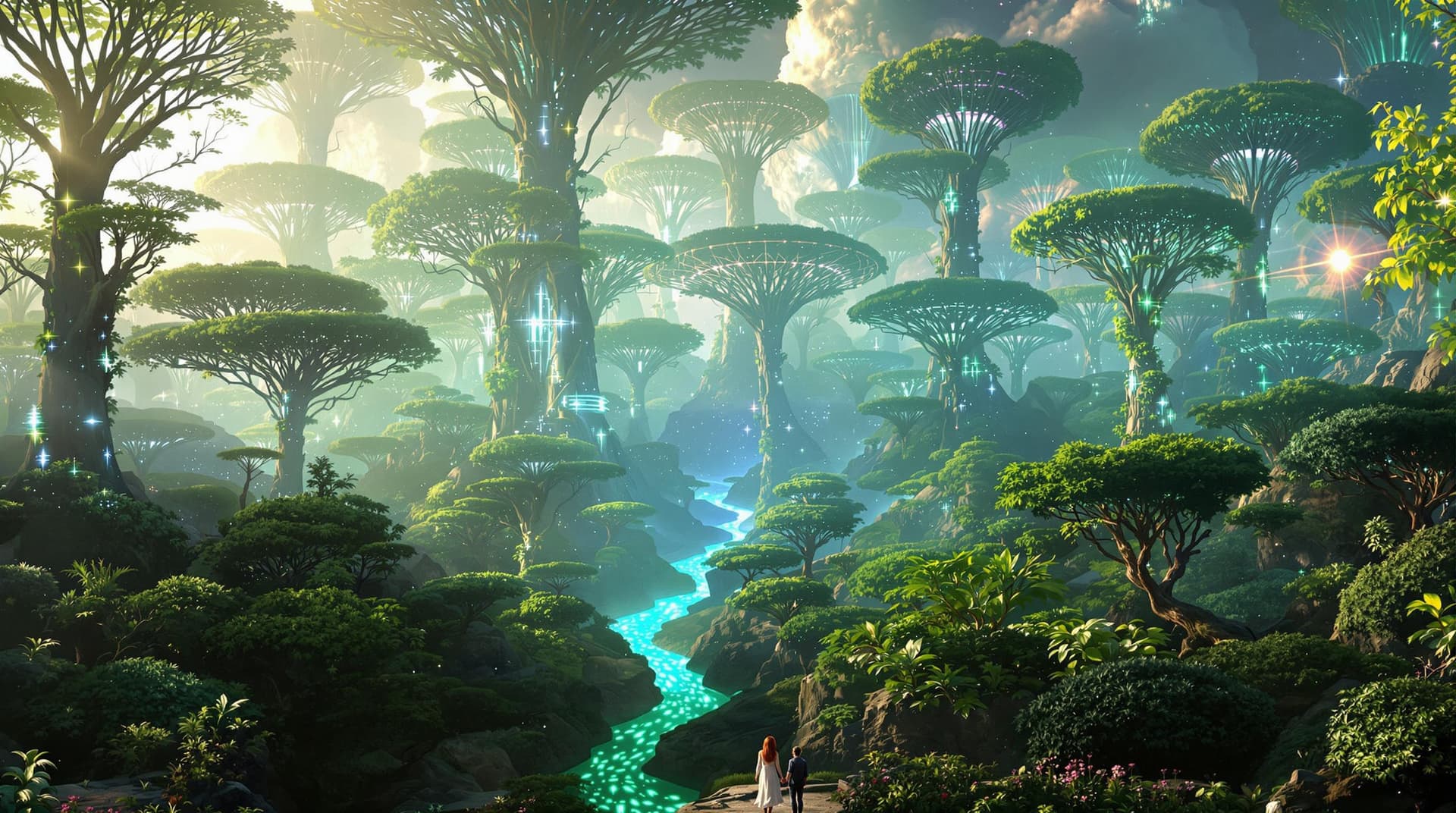 AI generated: "An epic panoramic view of a futuristic rainforest, where towering trees are intertwined with hologr...