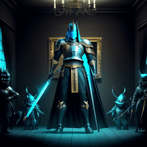 AI generated: black knight with gold sword at his side in a darck room. with monsters surrounding him. glowing cya...