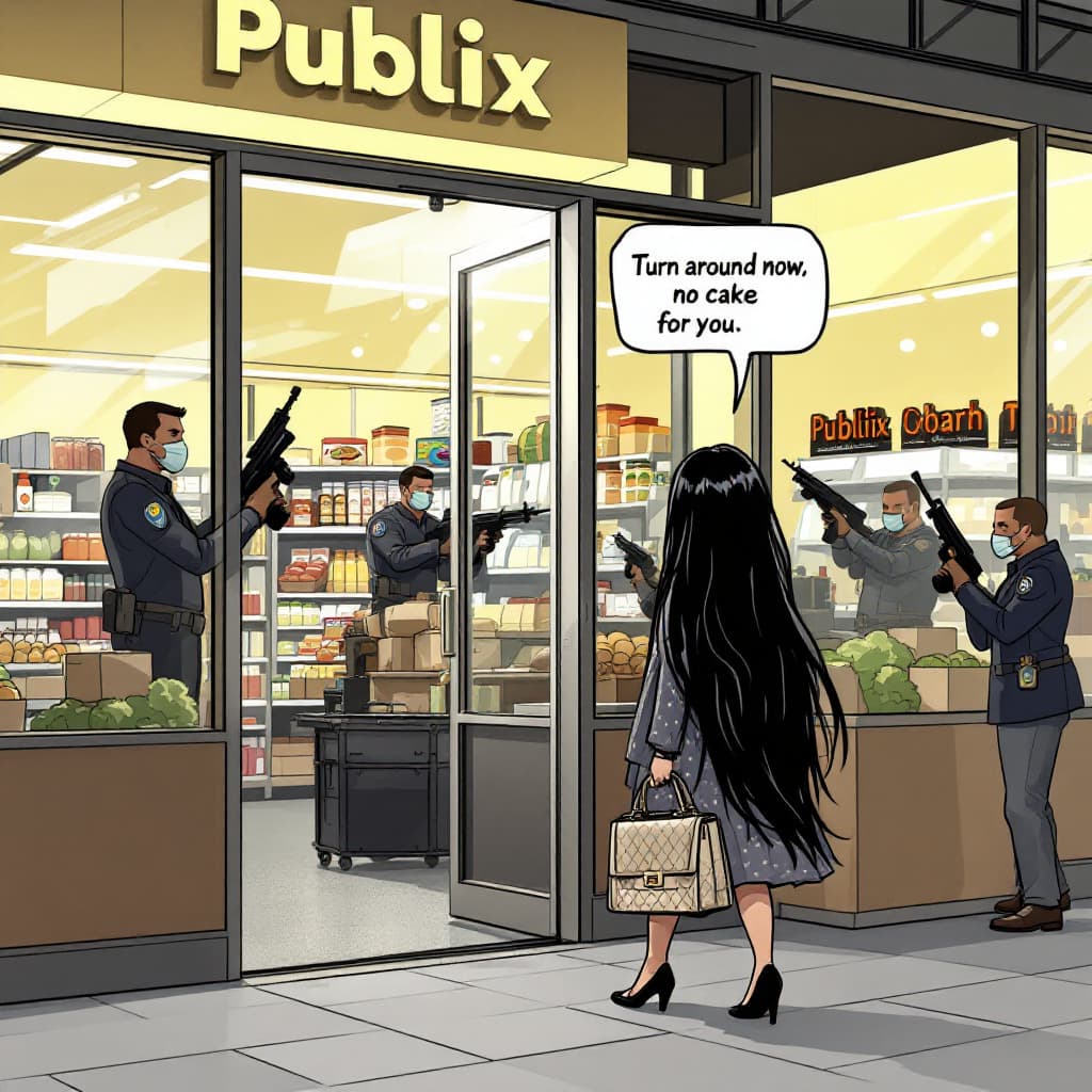 AI generated: A scene of a long black-haired girl with a fancy purse trying to walk into a supermarket, but there ...