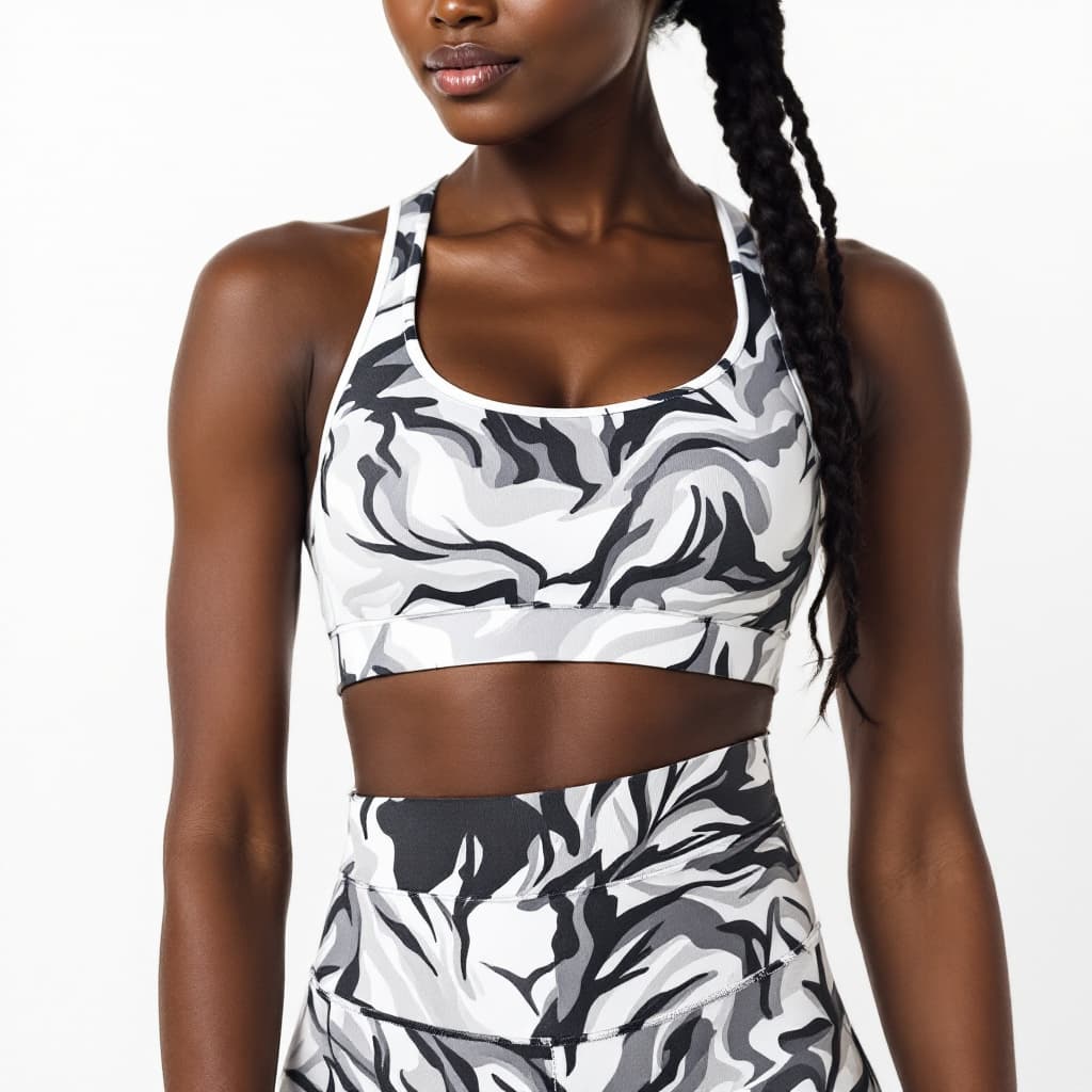 AI generated: a black woman wearing sports bra and matching leggings. The backdrop is white.