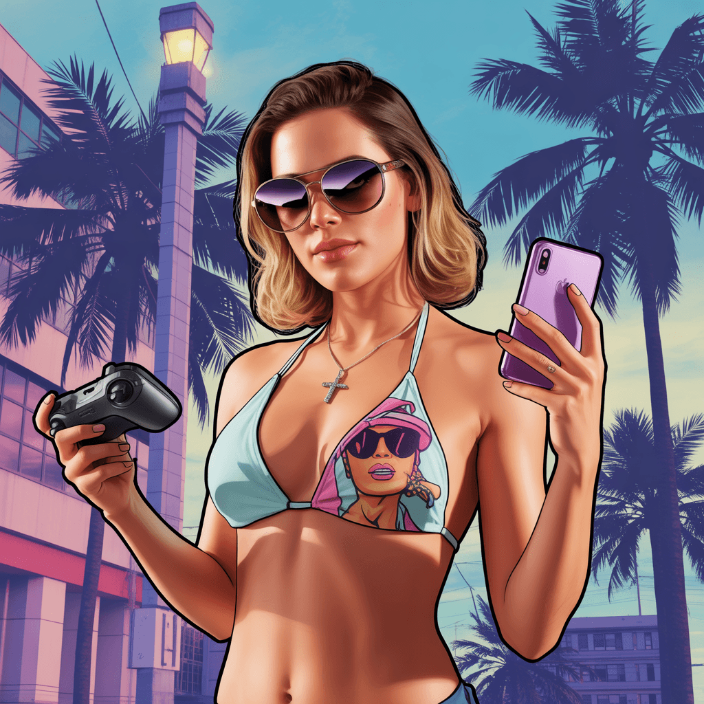 AI generated: A stylized female gaming character in the iconic GTA loading screen art style. She is a fusion of th...