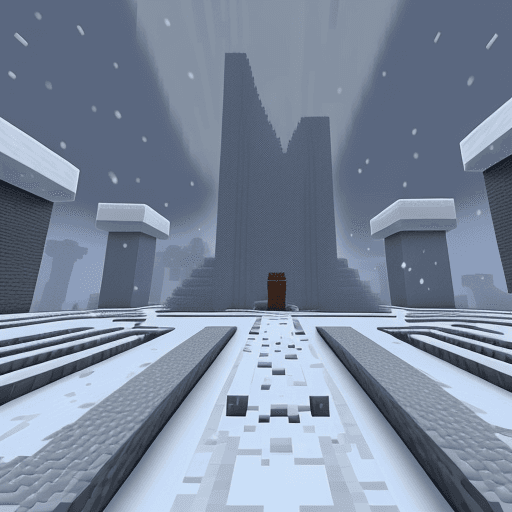AI generated: minecraft 1 pixel block, looks like ice age one, with elements and particles of snow