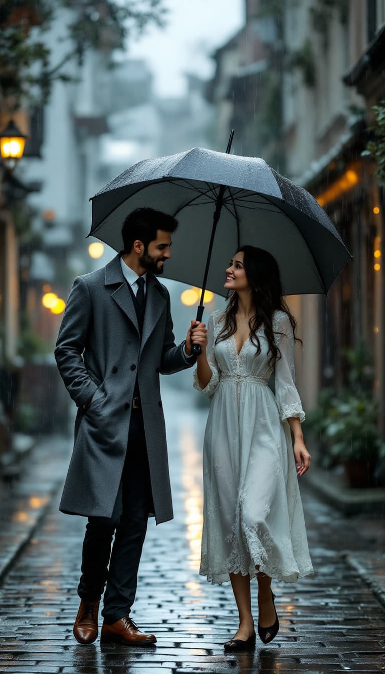 AI generated: "Under a black umbrella, Amir (medium height, slim, angular face, dressed in a gray trench coat and ...