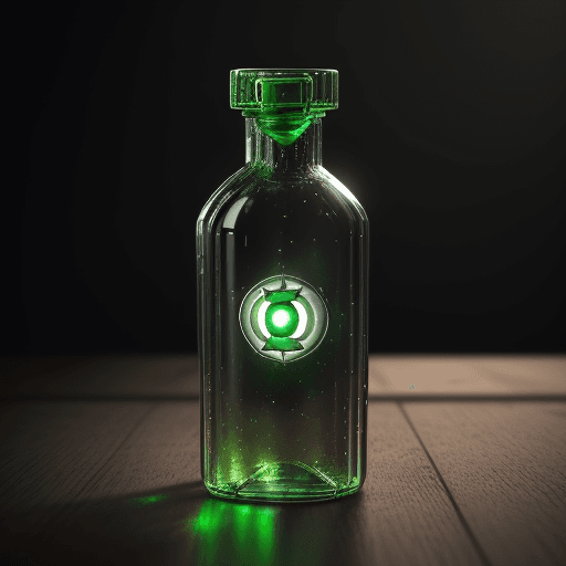 AI generated: bottle on the table with the design and character of green lantern The Bottle is gold and green, no ...